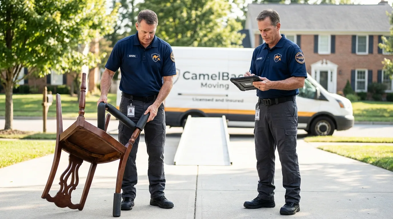 Movers inspecting furniture for damage prevention before loading in Alden, NY