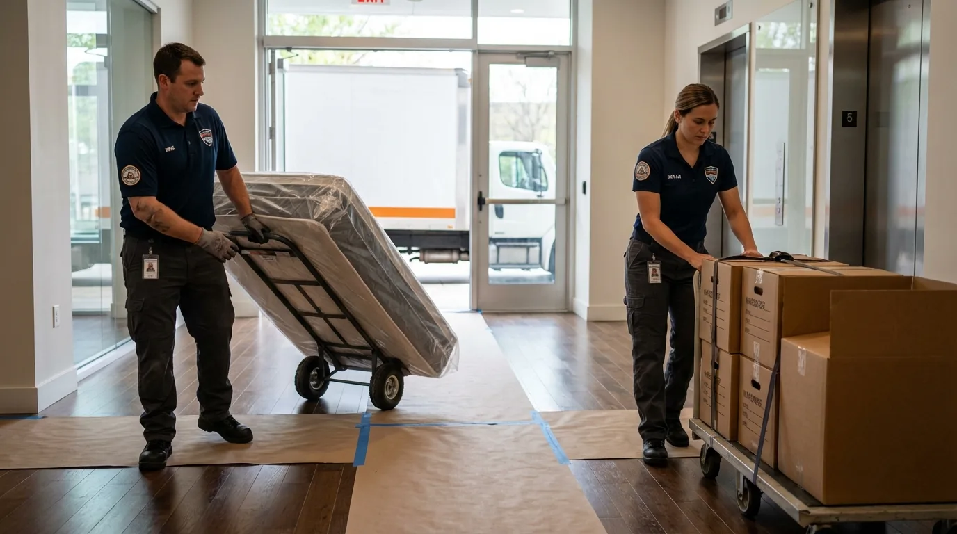 Professional apartment movers loading elevator in Alden, NY