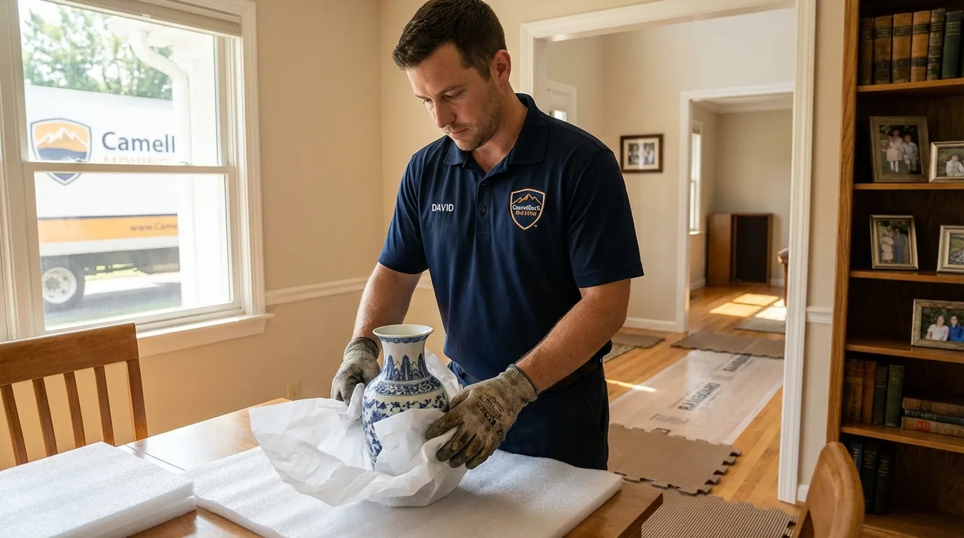 Professional crew carefully wrapping antique vase for senior downsizing move in Alden, NY